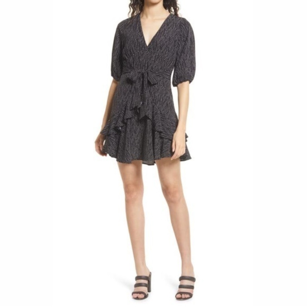 Chelsea28 Ruffle Mini V-Neck Tie Black Dress